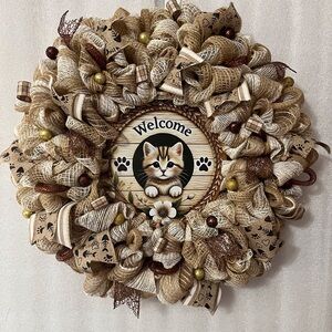 Cat Welcome Wreath with Burlap Accents